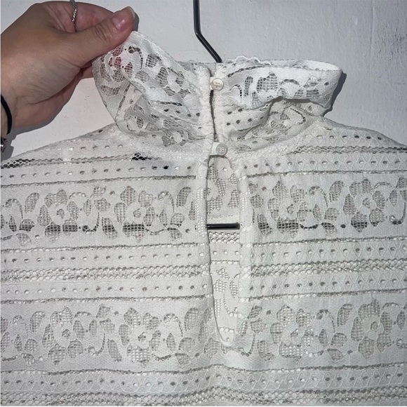 Sandro Paris White Ivory Lace High Neck Sheer Long Sleeve Blouse Classic - Picture 6 of 8